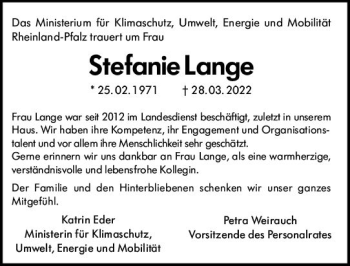 Traueranzeige von Stefanie Lange von vrm-trauer Allgemeine  Zeitung Ingelheim-Bingen