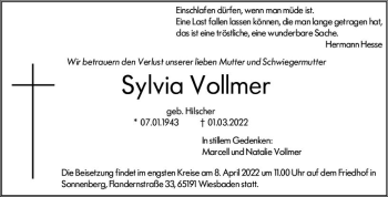 Traueranzeige von Sylvia Vollmer von vrm-trauer Wiesbadener Kurier