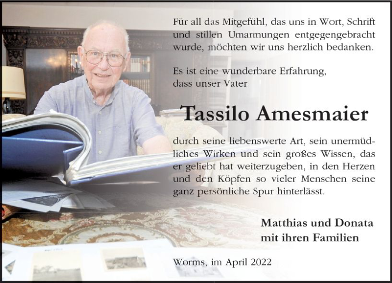  Traueranzeige für Tassilo Amesmaier vom 16.04.2022 aus vrm-trauer Wormser Zeitung