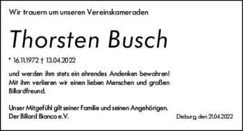 Traueranzeige von Thorsten Busch von vrm-trauer DieburgerAnzeiger/Groß-Zimmerner Lokala