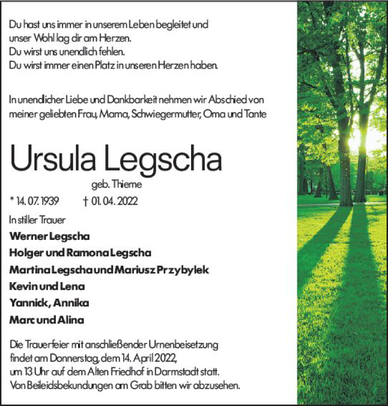  Traueranzeige für Ursula Legscha vom 09.04.2022 aus vrm-trauer Darmstädter Echo