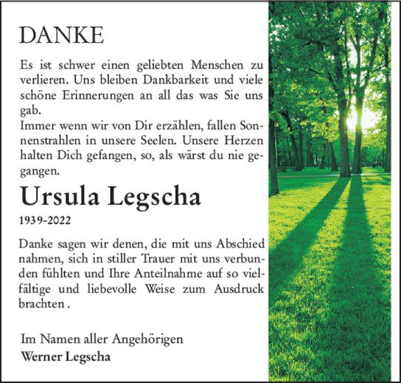  Traueranzeige für Ursula Legscha vom 23.04.2022 aus vrm-trauer Darmstädter Echo