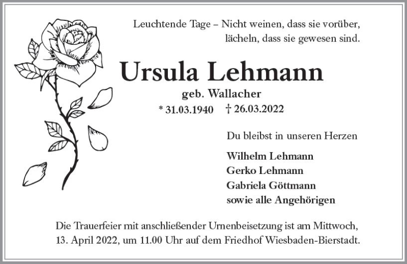  Traueranzeige für Ursula Lehmann vom 09.04.2022 aus vrm-trauer Wiesbadener Kurier