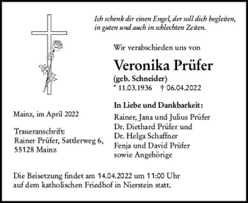 Traueranzeige von Veronika Prüfer von vrm-trauer Allgemeine  Zeitung Ingelheim-Bingen