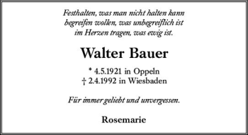 Traueranzeige von Walter Bauer von vrm-trauer Wiesbadener Kurier