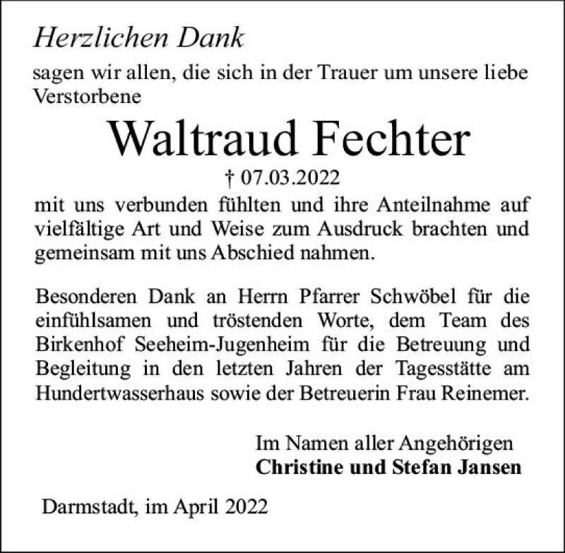  Traueranzeige für Waltraud Fechter vom 16.04.2022 aus vrm-trauer Darmstädter Echo