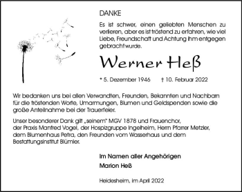 Traueranzeige von Werner Heß von vrm-trauer Allgemeine  Zeitung Ingelheim-Bingen