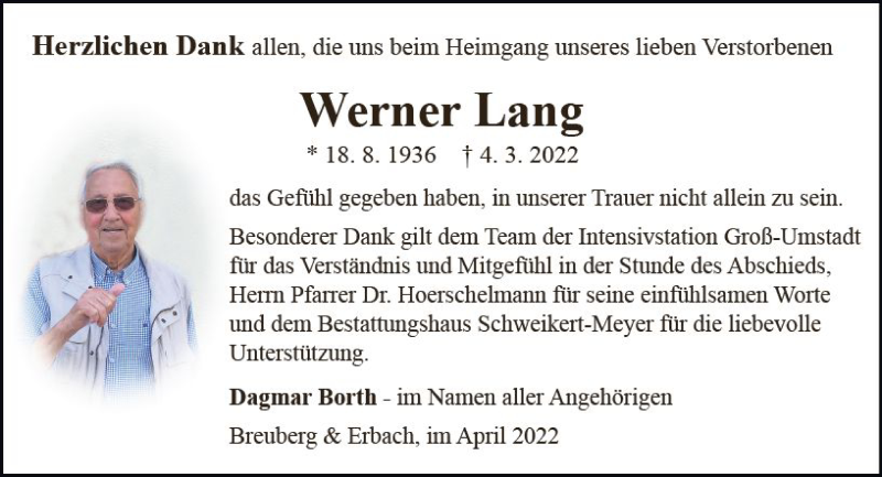  Traueranzeige für Werner Lang vom 23.04.2022 aus vrm-trauer Odenwälder Echo