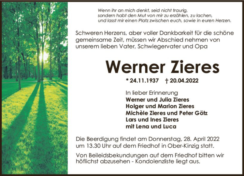  Traueranzeige für Werner Zieres vom 23.04.2022 aus vrm-trauer Odenwälder Echo