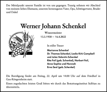 Traueranzeige von Werner Johann Schenkel von vrm-trauer Allgemeine Zeitung Alzey