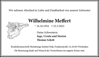 Traueranzeige von Wilhelmine Meffert von vrm-trauer Wiesbadener Kurier