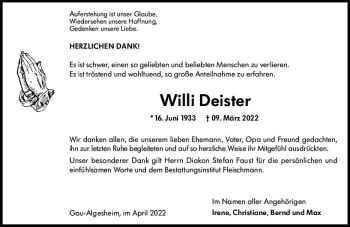 Traueranzeige von Willi Deister von vrm-trauer Allgemeine  Zeitung Ingelheim-Bingen