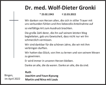 Traueranzeige von Wolf-Dieter Gronki von vrm-trauer Allgemeine  Zeitung Ingelheim-Bingen