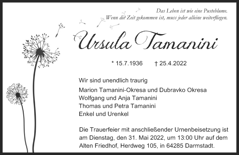  Traueranzeige für Ursula Tamanini vom 14.05.2022 aus 