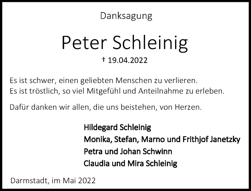  Traueranzeige für Peter Schleinig vom 07.05.2022 aus vrm-trauer Darmstädter Echo
