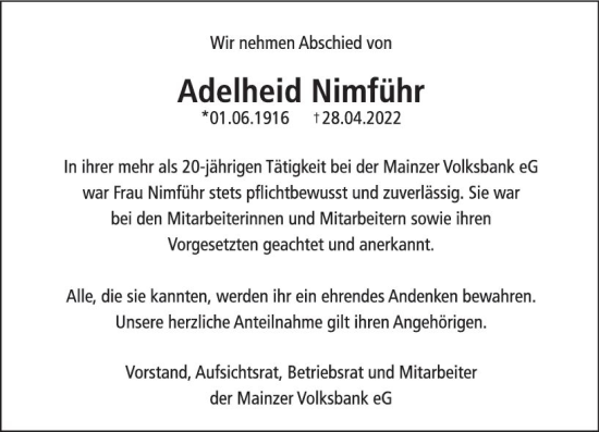 Traueranzeige von Adelheid Nimführ von vrm-trauer AZ Mainz
