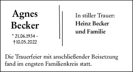 Traueranzeige von Agnes Becker von vrm-trauer Wiesbadener Kurier