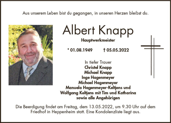 Traueranzeige von Albert Knapp von vrm-trauer Bürstädter/Lamperth. Ztg/Starkenburger