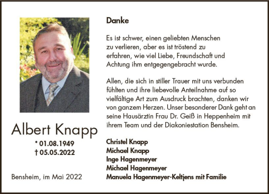 Traueranzeige von Albert Knapp von vrm-trauer Bürstädter/Lamperth. Ztg/Starkenburger
