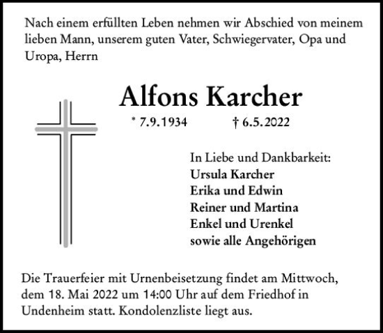 Traueranzeige von Alfons Karcher von vrm-trauer AZ Mainz