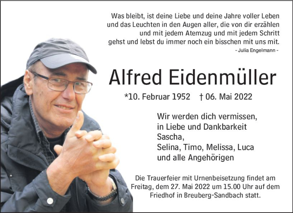 Traueranzeige für Alfred Eidenmüller vom 21.05.2022 aus vrm-trauer Odenwälder Echo