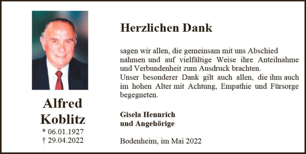  Traueranzeige für Alfred Koblitz vom 21.05.2022 aus vrm-trauer AZ Mainz
