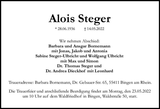 Traueranzeige von Alois Steger von vrm-trauer Allgemeine  Zeitung Ingelheim-Bingen