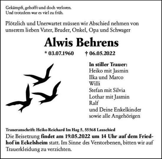 Traueranzeige von Alwis Behrens von vrm-trauer Allgemeine Zeitung Alzey