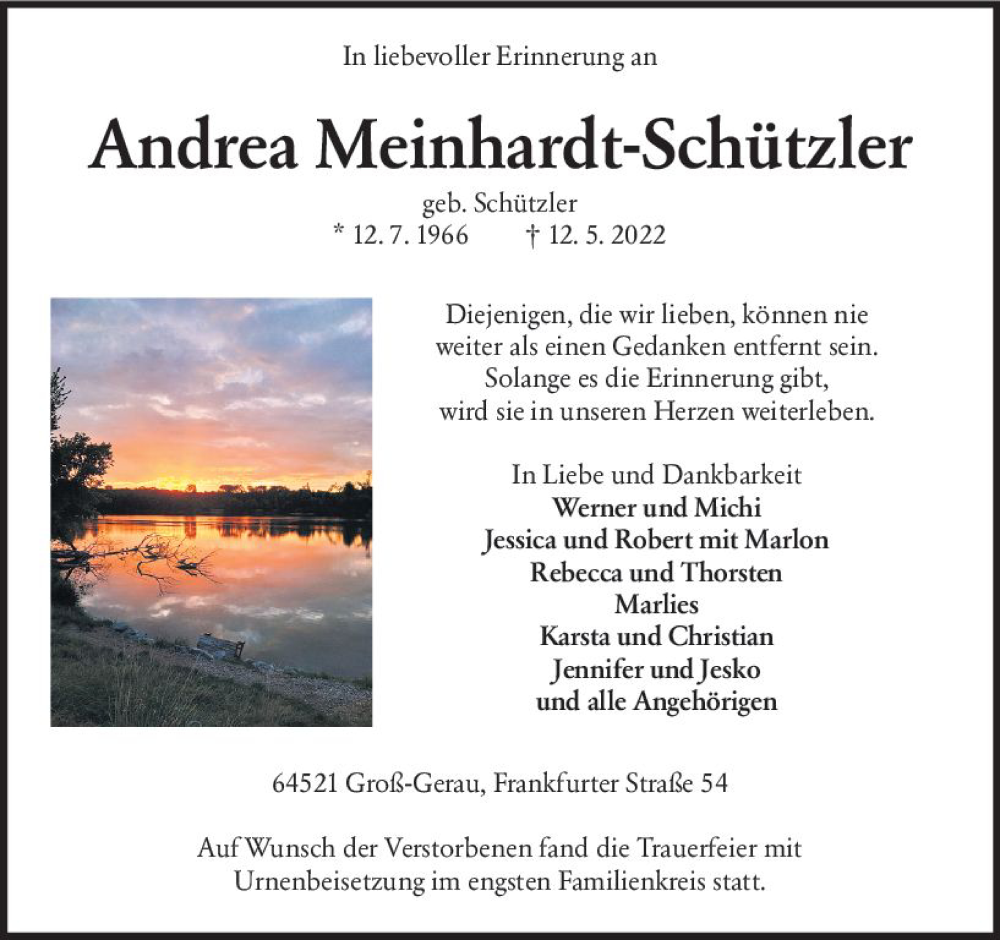  Traueranzeige für Andrea Meinhardt-Schützler vom 28.05.2022 aus vrm-trauer Groß-Gerauer Echo