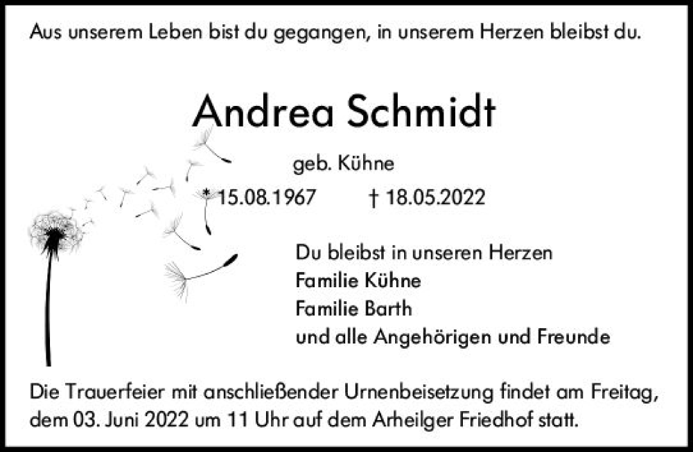  Traueranzeige für Andrea Schmidt vom 28.05.2022 aus vrm-trauer Darmstädter Echo