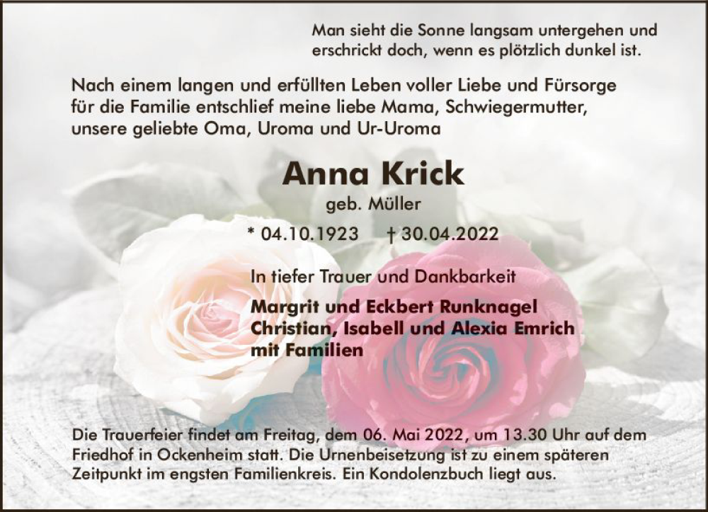  Traueranzeige für Anna Krick vom 04.05.2022 aus vrm-trauer Allgemeine  Zeitung Ingelheim-Bingen