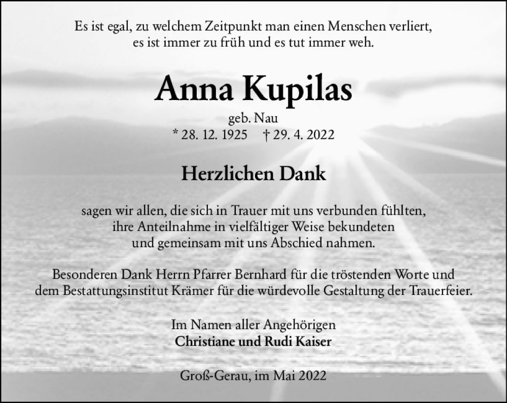 Traueranzeige für Anna Kupilas vom 21.05.2022 aus vrm-trauer Groß-Gerauer Echo