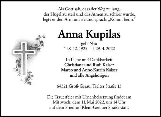 Traueranzeige von Anna Kupilas von vrm-trauer Groß-Gerauer Echo