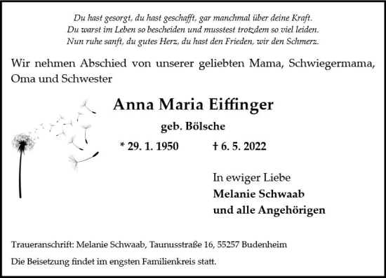 Traueranzeige von Anna Maria Eiffinger von vrm-trauer AZ Mainz
