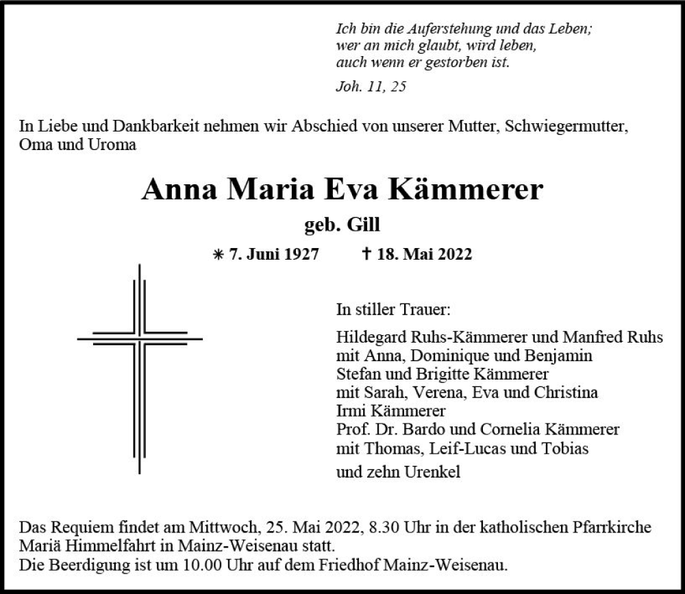  Traueranzeige für Anna Maria Eva Kämmerer vom 21.05.2022 aus vrm-trauer AZ Mainz