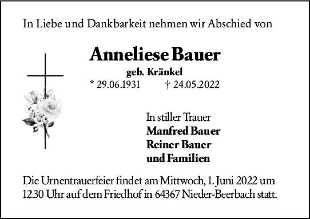  Traueranzeige für Anneliese Bauer vom 28.05.2022 aus vrm-trauer Darmstädter Echo
