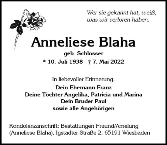 Traueranzeige von Anneliese Blaha von vrm-trauer Wiesbadener Kurier