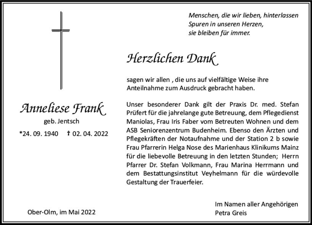  Traueranzeige für Anneliese Frank vom 14.05.2022 aus vrm-trauer AZ Mainz