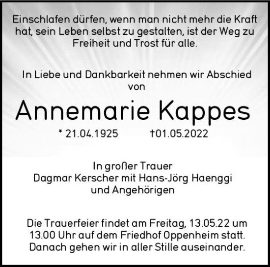 Traueranzeige von Annemarie Kappes von vrm-trauer AZ Mainz
