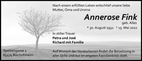 Traueranzeige von Annerose Fink von vrm-trauer AZ Mainz