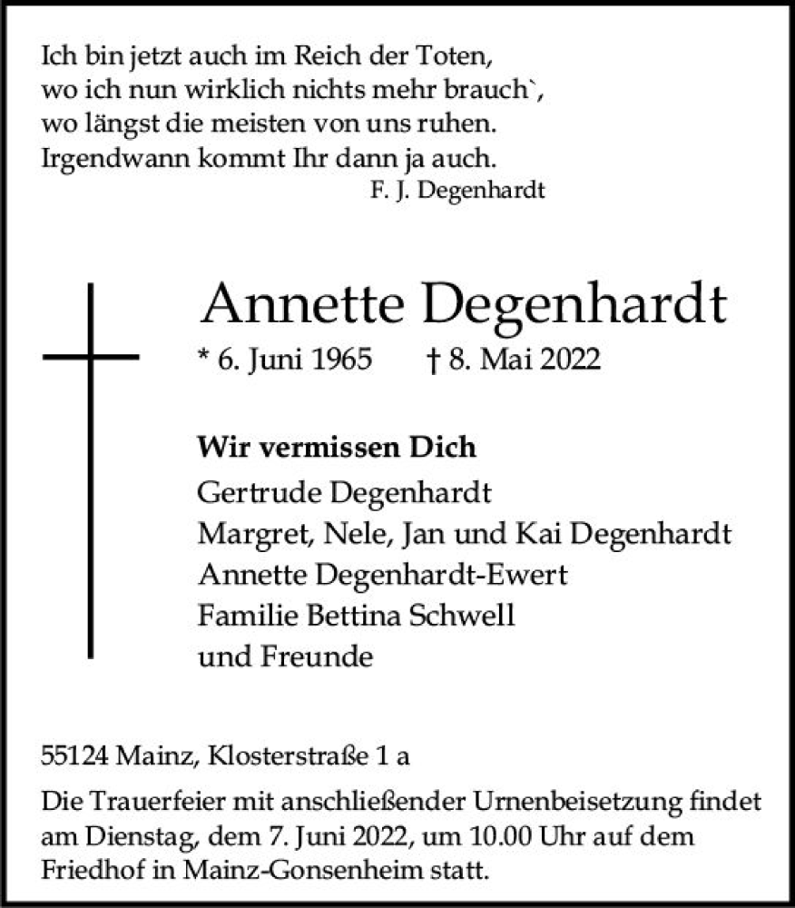  Traueranzeige für Annette Degenhardt vom 21.05.2022 aus vrm-trauer AZ Mainz