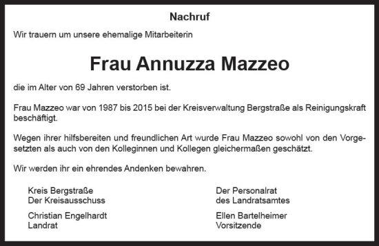 Traueranzeige von Annuzza Mazzeo von vrm-trauer Bürstädter/Lamperth. Ztg/Starkenburger