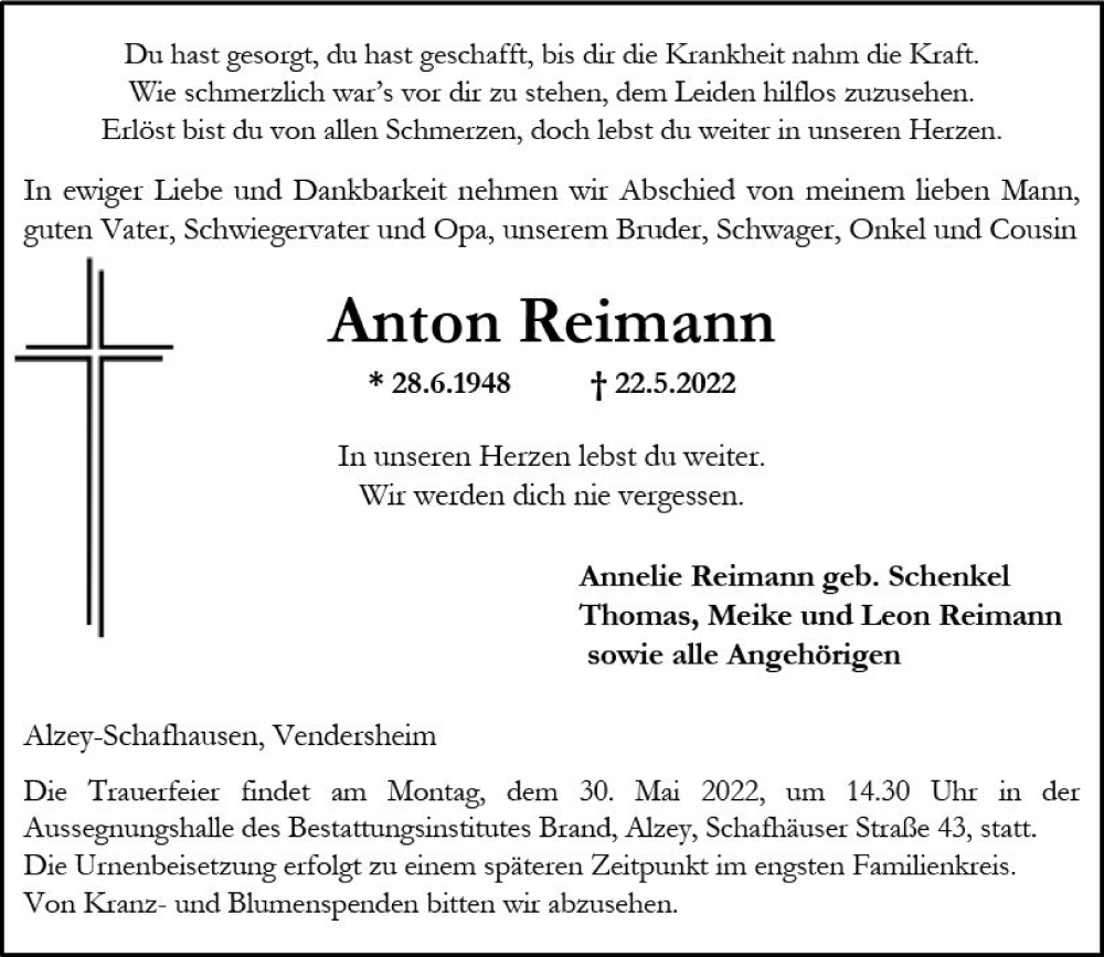  Traueranzeige für Anton Reimann vom 25.05.2022 aus vrm-trauer Allgemeine Zeitung Alzey