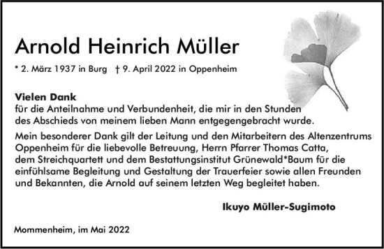 Traueranzeige von Arnold Heinrich Müller von vrm-trauer AZ Mainz