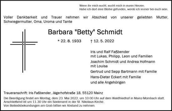 Traueranzeige von Barbara Schmidt von vrm-trauer AZ Mainz