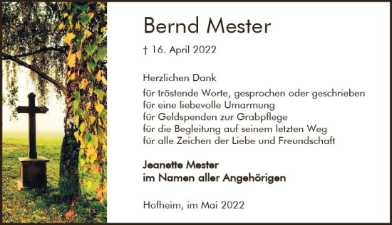 Traueranzeige von Bernd Mester von vrm-trauer Wiesbadener Kurier