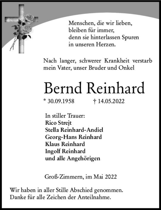 Traueranzeige von Bernd Reinhard von vrm-trauer DieburgerAnzeiger/Groß-Zimmerner Lokala