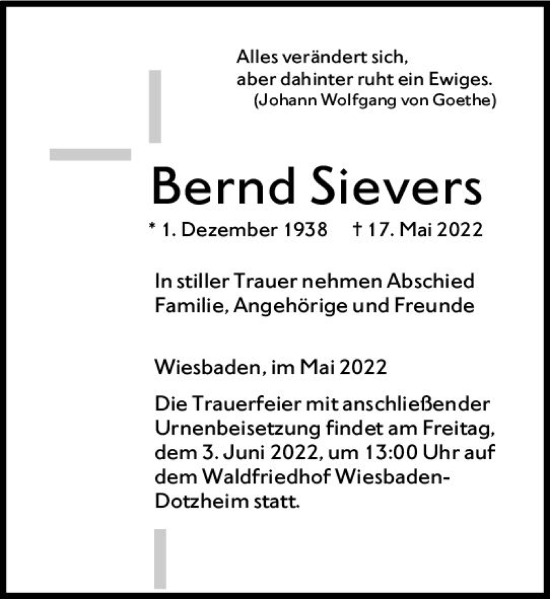 Traueranzeige von Bernd Sievers von vrm-trauer Wiesbadener Kurier