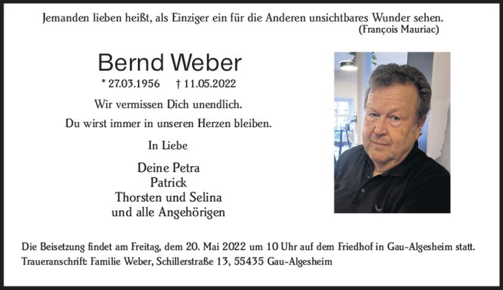  Traueranzeige für Bernd Weber vom 17.05.2022 aus vrm-trauer Allgemeine  Zeitung Ingelheim-Bingen