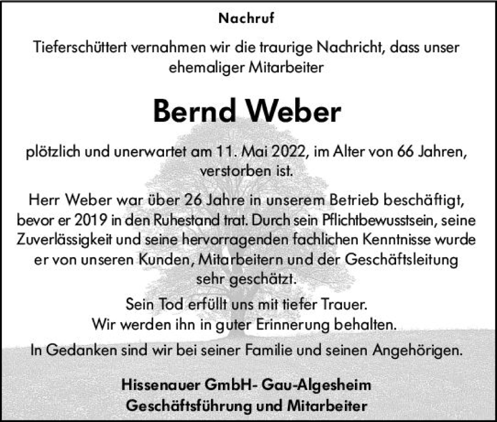  Traueranzeige für Bernd Weber vom 19.05.2022 aus vrm-trauer Allgemeine  Zeitung Ingelheim-Bingen